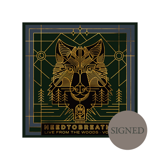 A signed print of a wolf's face with geometric patterns and the text 'NEEDTOBREATHE LIVE FROM THE WOODS'.