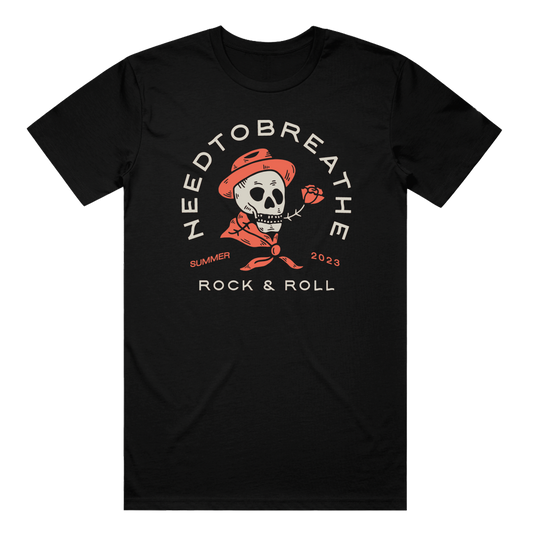 Black t-shirt with a graphic design featuring a skull, text 'NEEDTOBREATHE', and the words 'ROCK & ROLL' and '2023'.