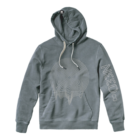 A gray hoodie with a graphic print on the front and sleeve, featuring a hood with drawstrings and a kangaroo pocket.
