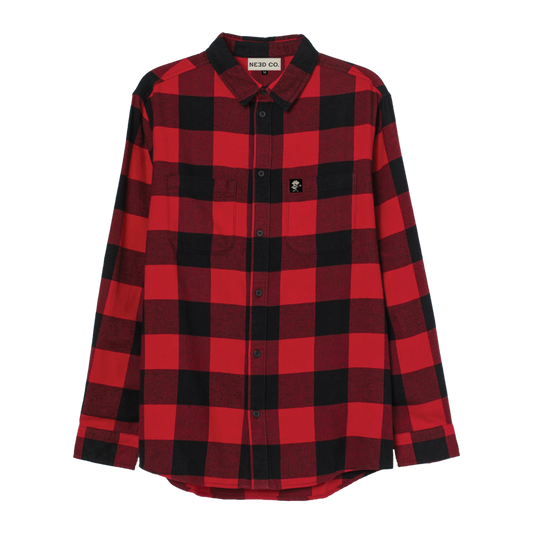 A long sleeve red and black checkered flannel button down shirt with chest pockets.