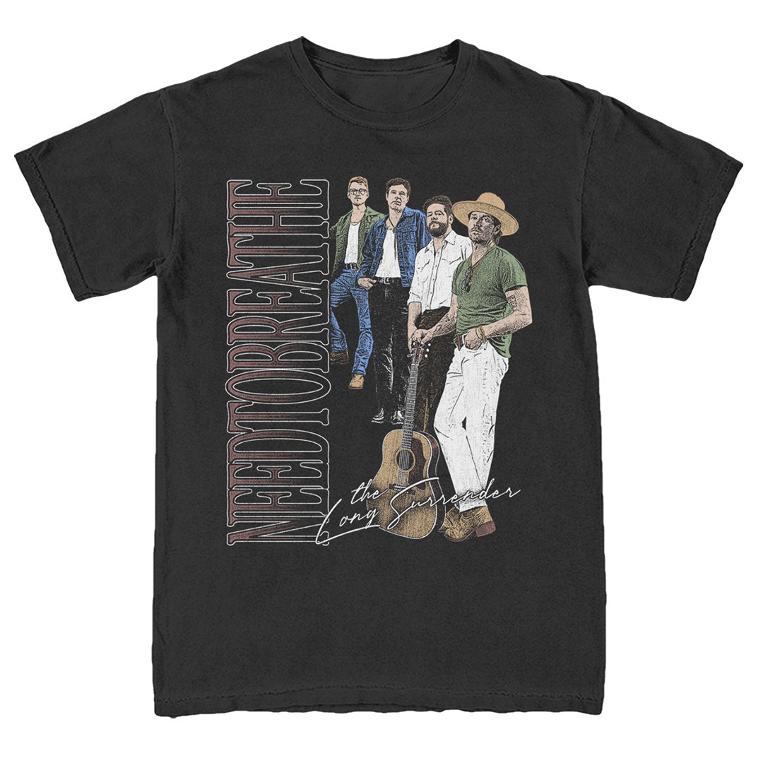 Black t-shirt with band graphic and text on a white background