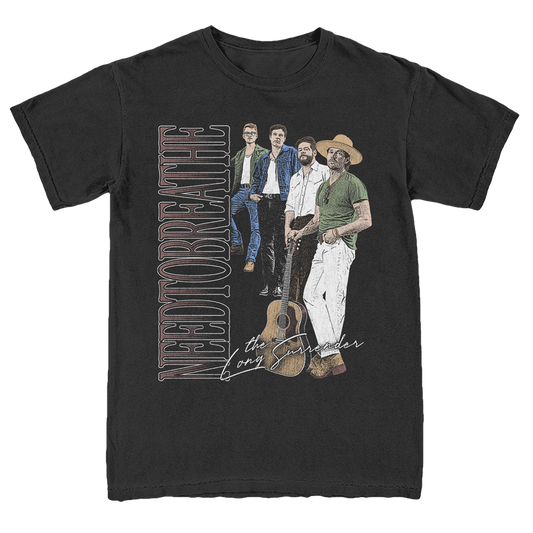 Black t-shirt with band graphic and text on a white background