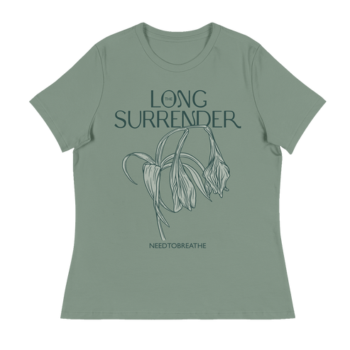Green t-shirt with 'Long Surrender' text and leaf design on a white background