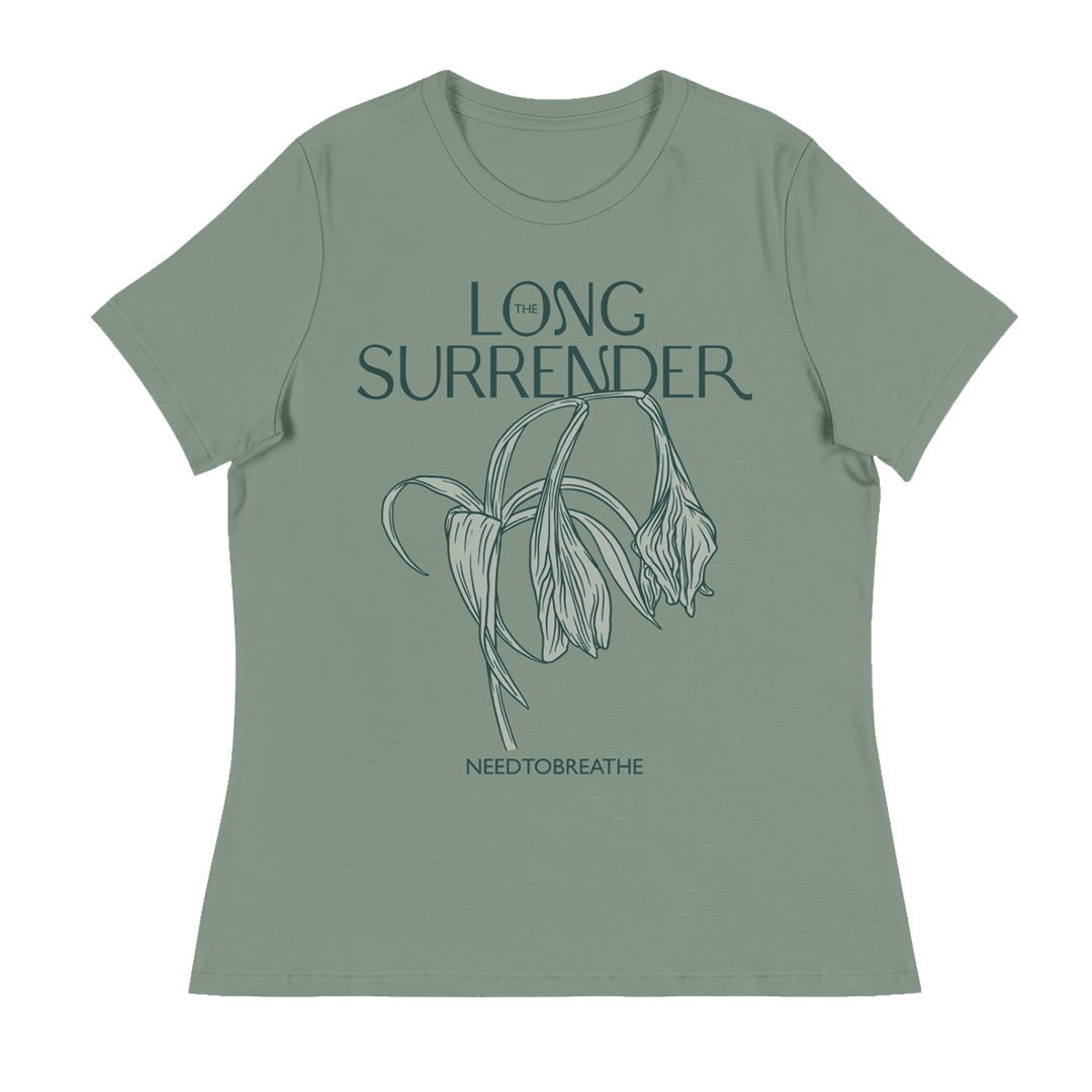 Green t-shirt with 'Long Surrender' text and leaf design on a white background