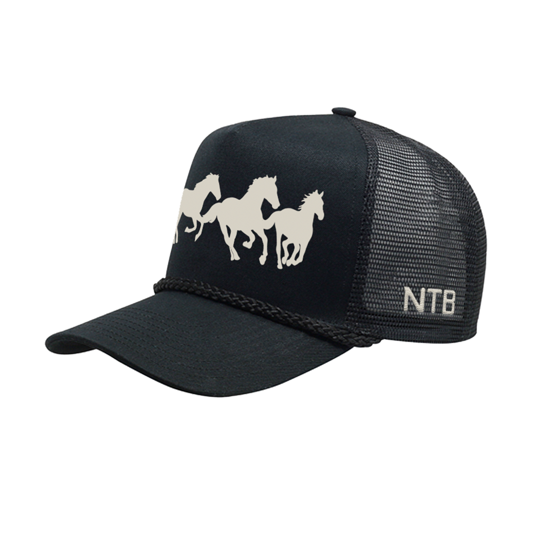 Black cap with white horse design and 'NTB' logo on a white background