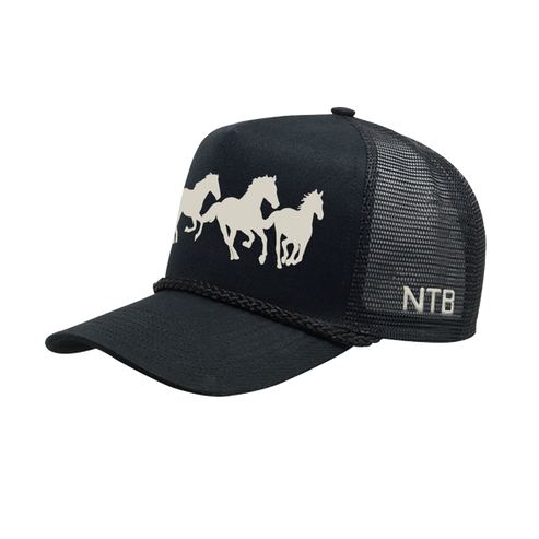 Black cap with white horse design and 'NTB' logo on a white background