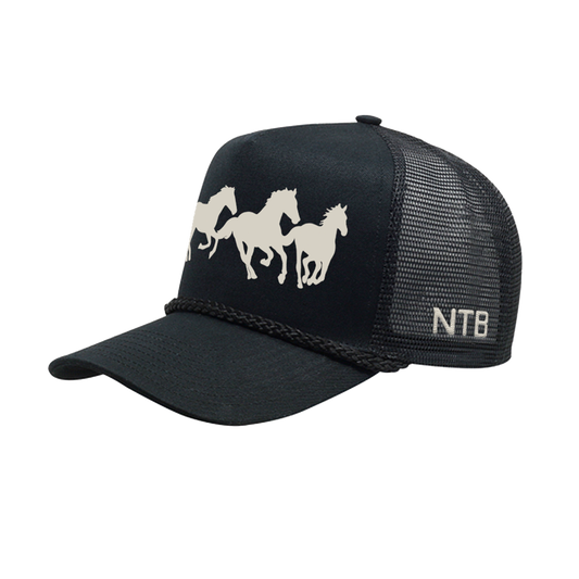 Black cap with white horse design and 'NTB' logo on a white background