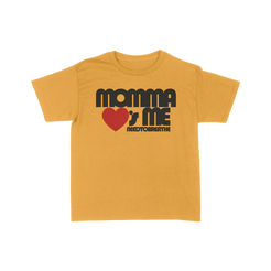 Yellow t-shirt with 'Momma Loves Me' text and heart graphic on a white background