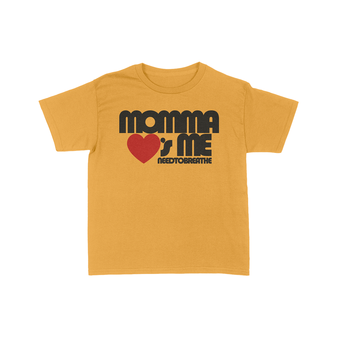 Yellow t-shirt with 'Momma Loves Me' text and heart graphic on a white background