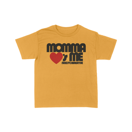 Yellow t-shirt with 'Momma Loves Me' text and heart graphic on a white background