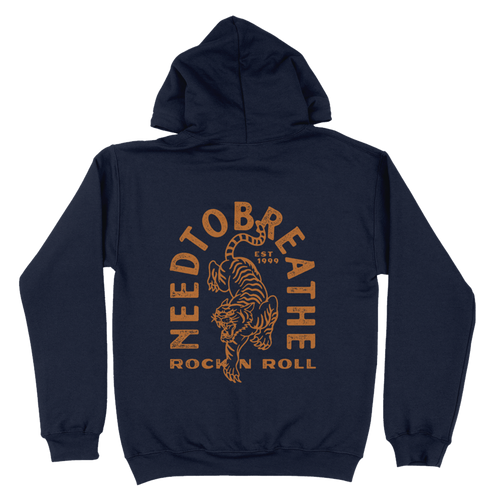 Navy blue hoodie with 'NEEDTOBREATHE' and tiger graphic on the back, on a white background