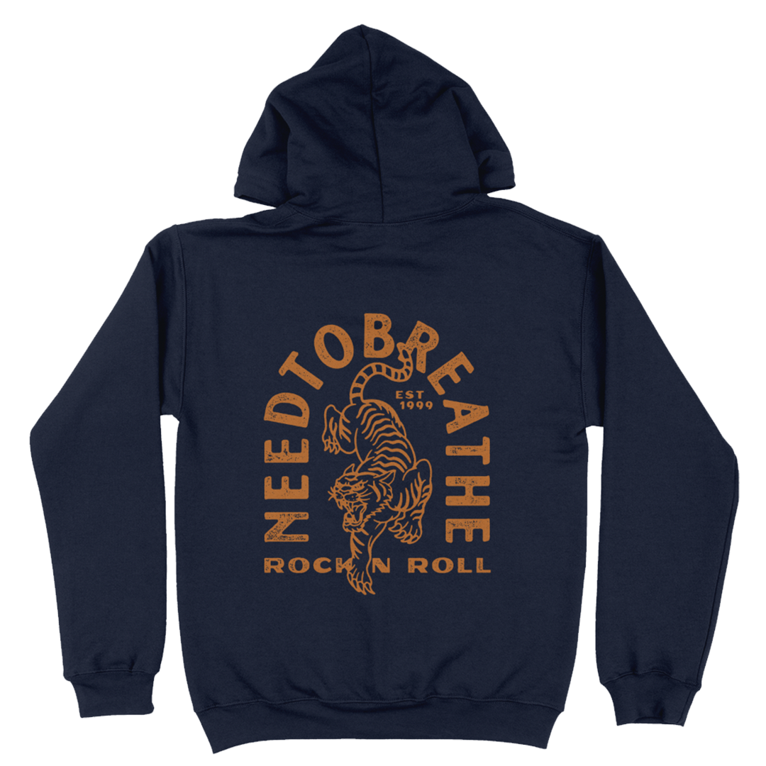 Navy blue hoodie with 'NEEDTOBREATHE' and tiger graphic on the back, on a white background