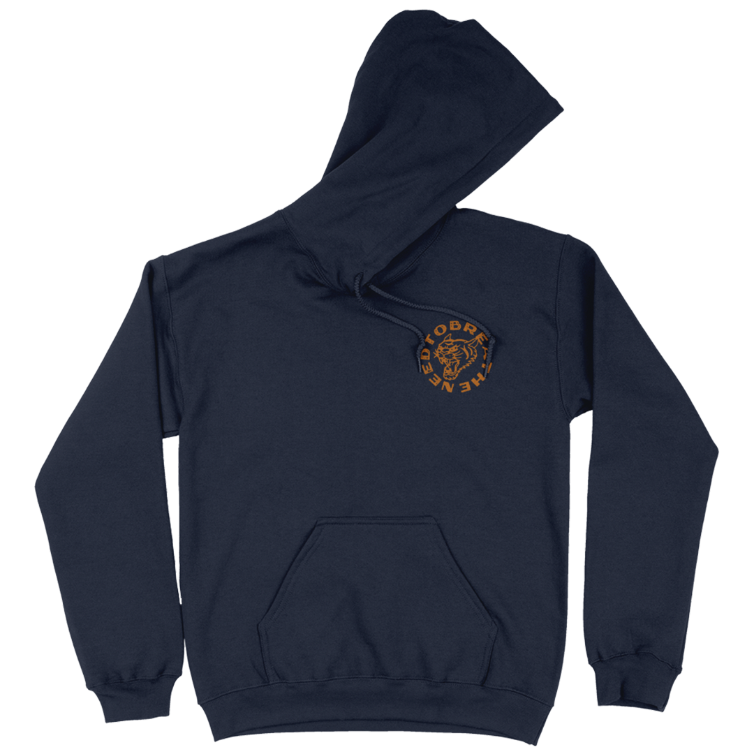 Navy blue hoodie with a logo on the chest against a white background