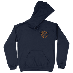 Navy blue hoodie with a logo on the chest against a white background