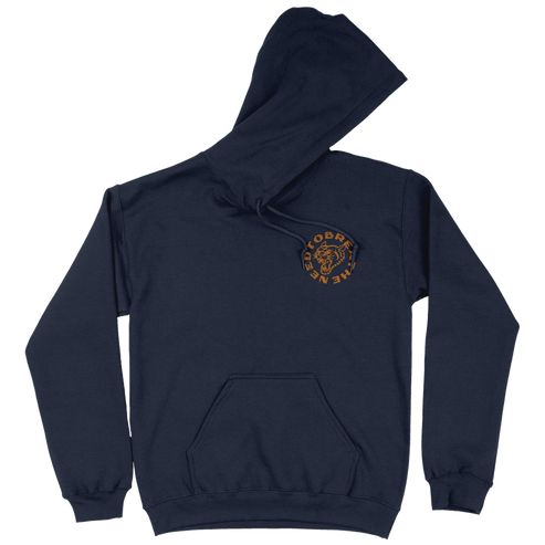 Navy blue hoodie with a logo on the chest against a white background