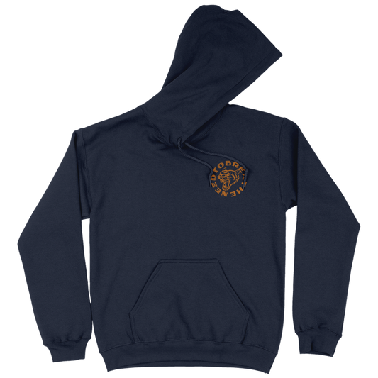 Navy blue hoodie with a logo on the chest against a white background