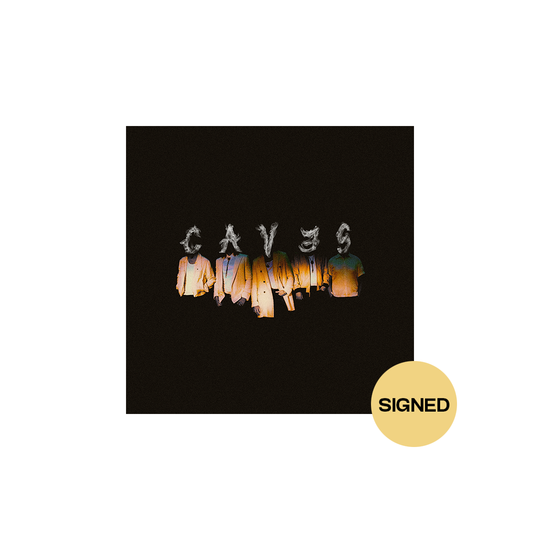 Album cover with 'Caves' text and 'SIGNED' label on a black background