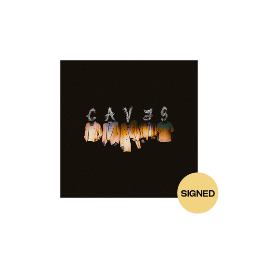Album cover with 'Caves' text and 'SIGNED' label on a black background