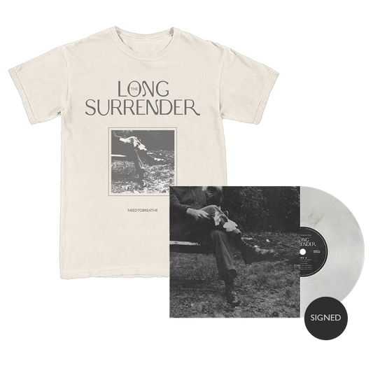 Beige t-shirt with 'The Long Surrender' design, vinyl record, and photo album on a white background
