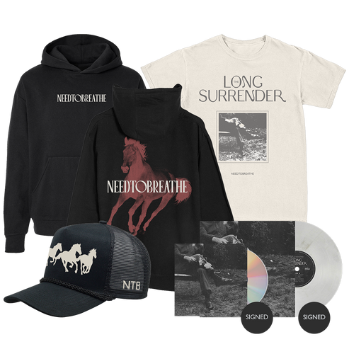 Music merchandise including a hoodie, t-shirt, cap, and vinyl records with 'NEEDTOBREATHE' branding.