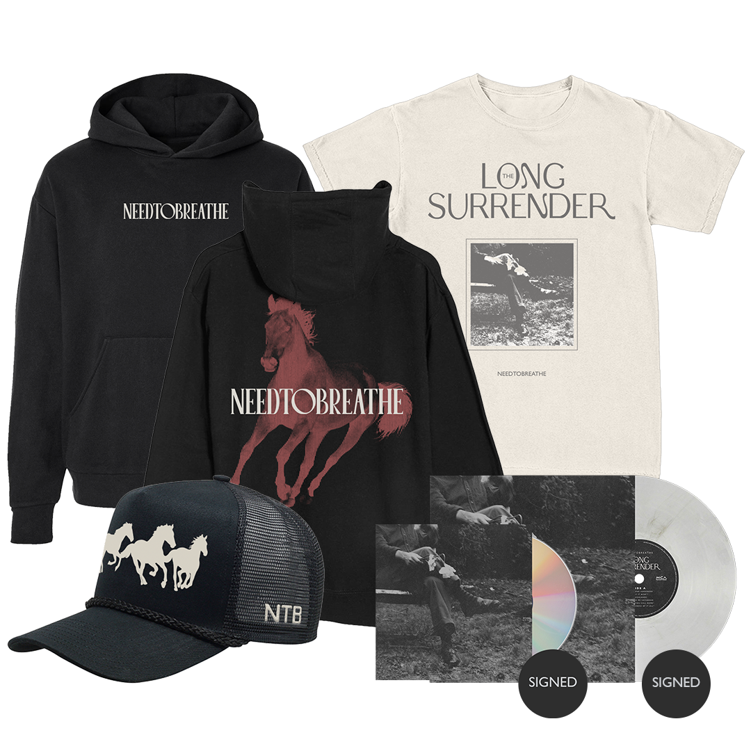 Music merchandise including a hoodie, t-shirt, cap, and vinyl records with 'NEEDTOBREATHE' branding.